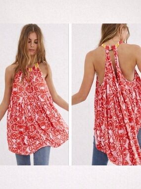 FREE PEOPLE LINEN BLEND FLOWY SLEEVELESS HALTER STYLE TUNIC TOP NWT